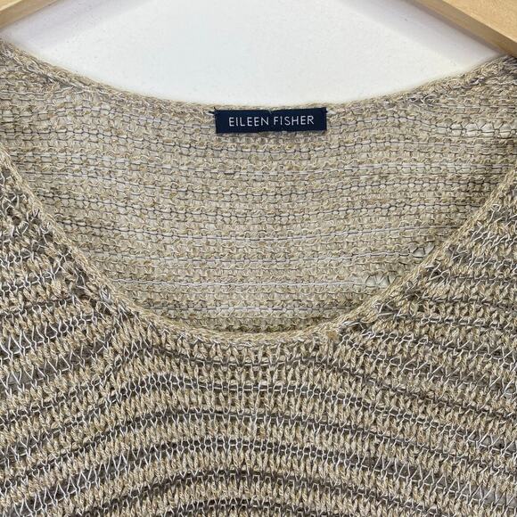 EILEEN FISHER Metallic Open Knit Sweater Beige Womens L Linen Blend Lagenlook - Picture 2 of 7